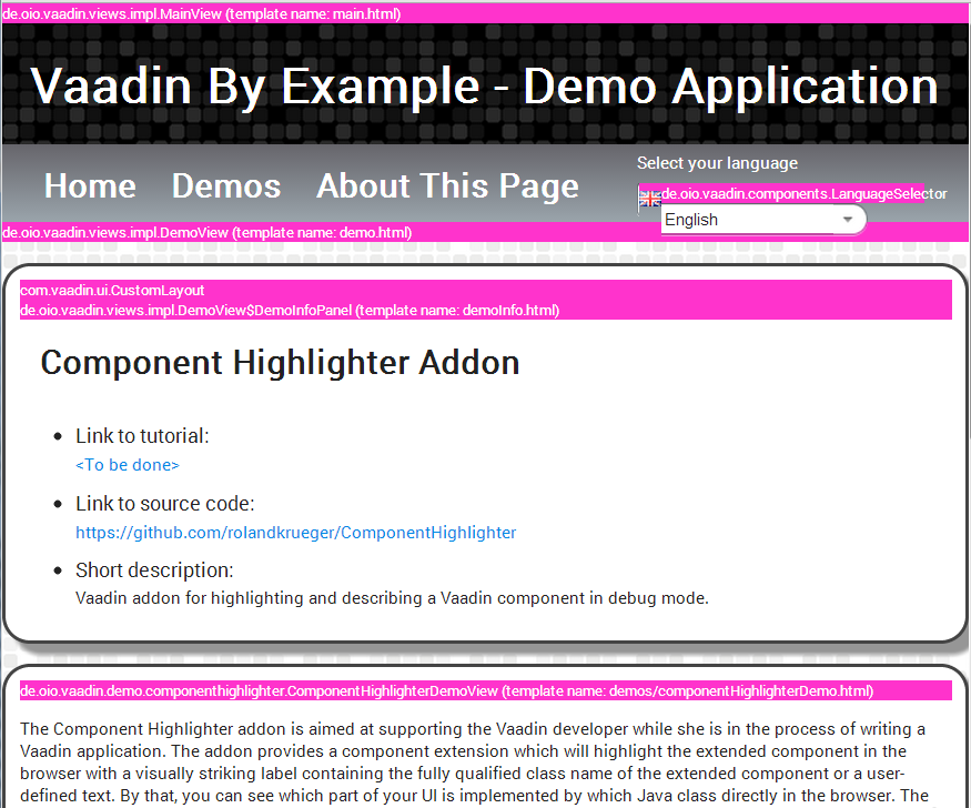 Screenshot with the ComponentHighlighter extension in action